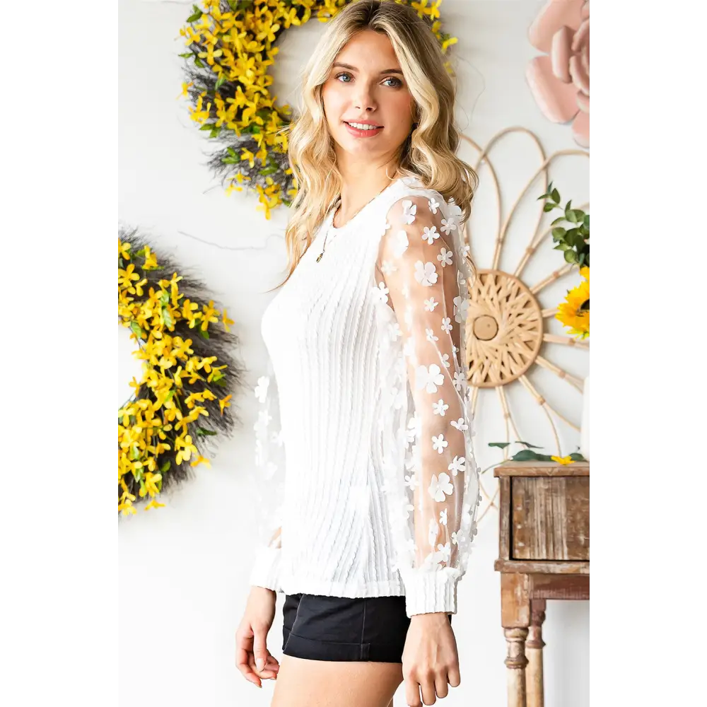 Double Take Textured Applique Long Sleeve Blouse