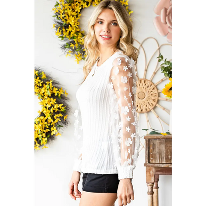 Double Take Textured Applique Long Sleeve Blouse