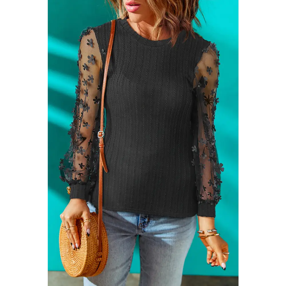 Double Take Textured Applique Long Sleeve Blouse