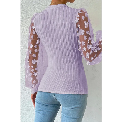 Double Take Textured Applique Long Sleeve Blouse