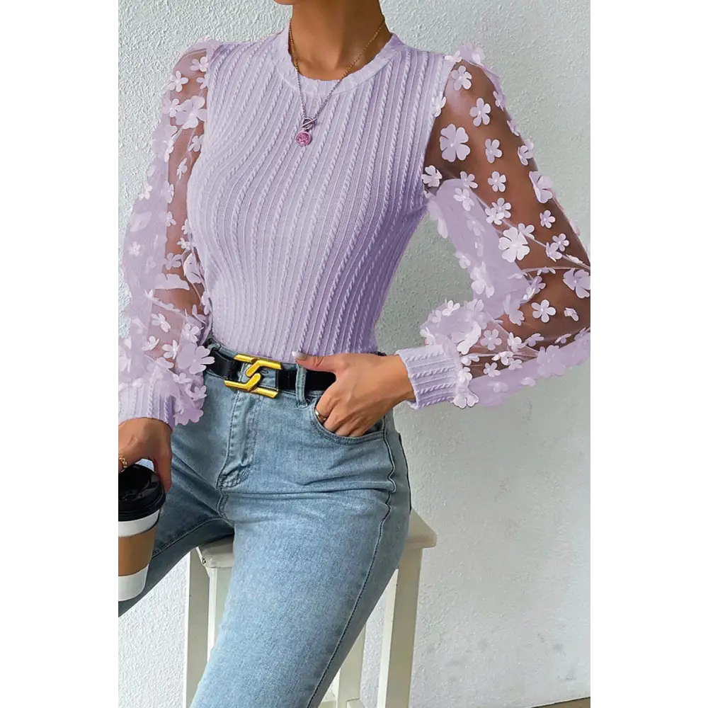 Double Take Textured Applique Long Sleeve Blouse