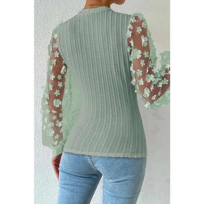 Double Take Textured Applique Long Sleeve Blouse