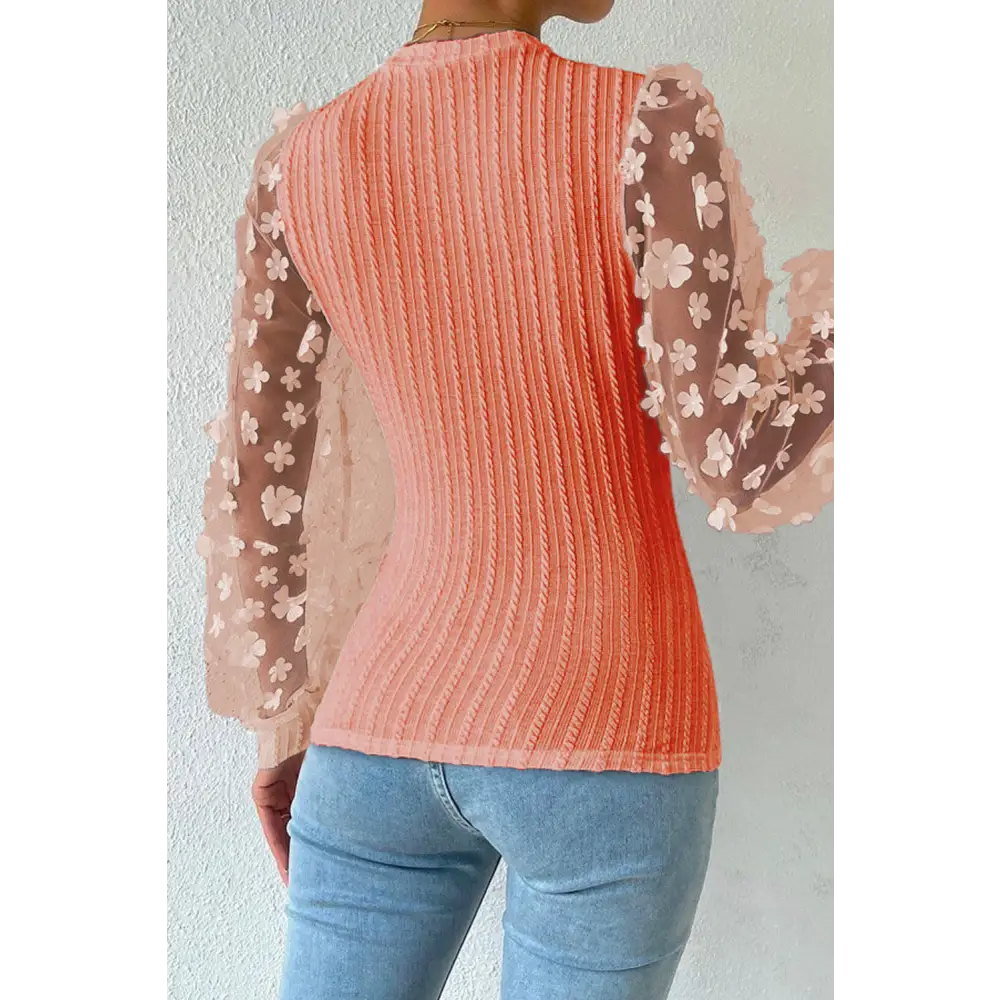 Double Take Textured Applique Long Sleeve Blouse