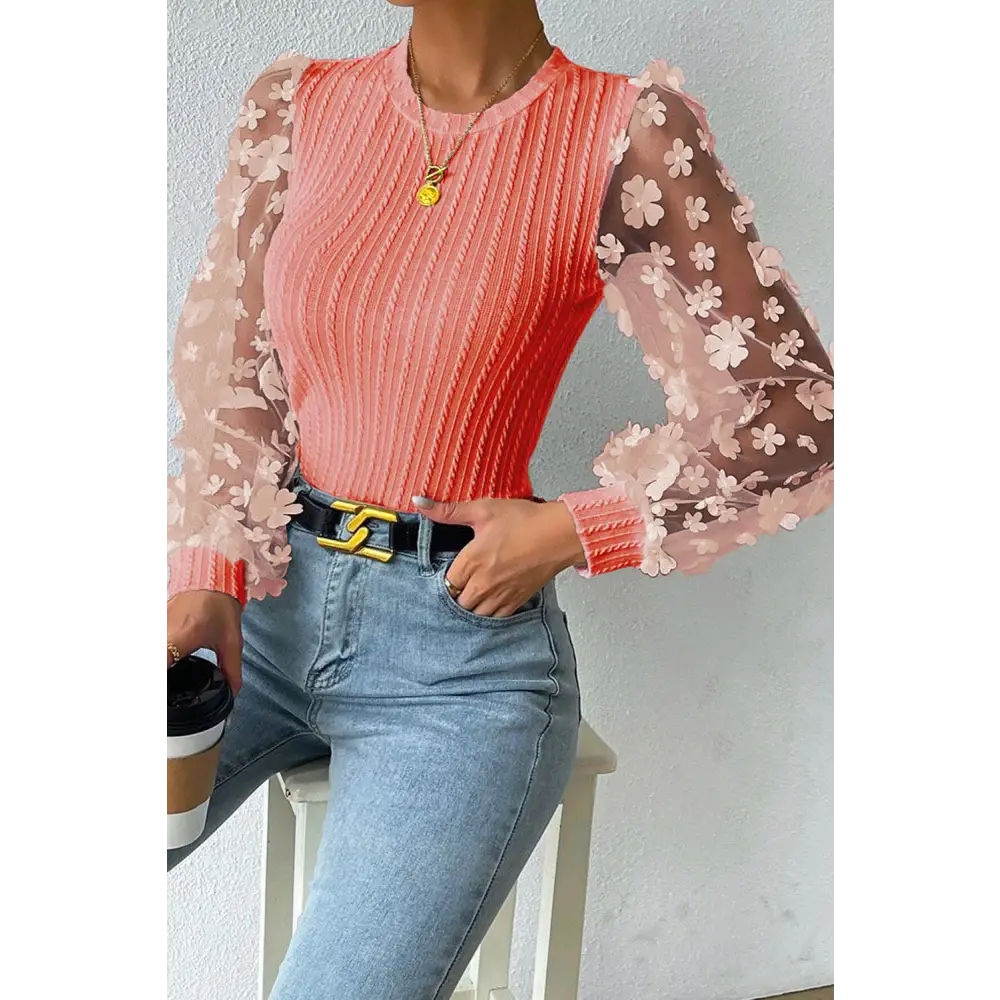 Double Take Textured Applique Long Sleeve Blouse - Coral / S