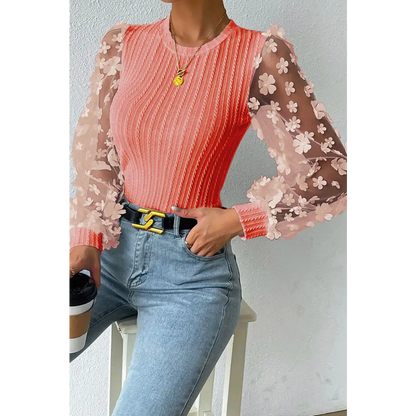 Double Take Textured Applique Long Sleeve Blouse - Coral / S