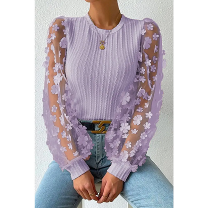 Double Take Textured Applique Long Sleeve Blouse - Lavender / S