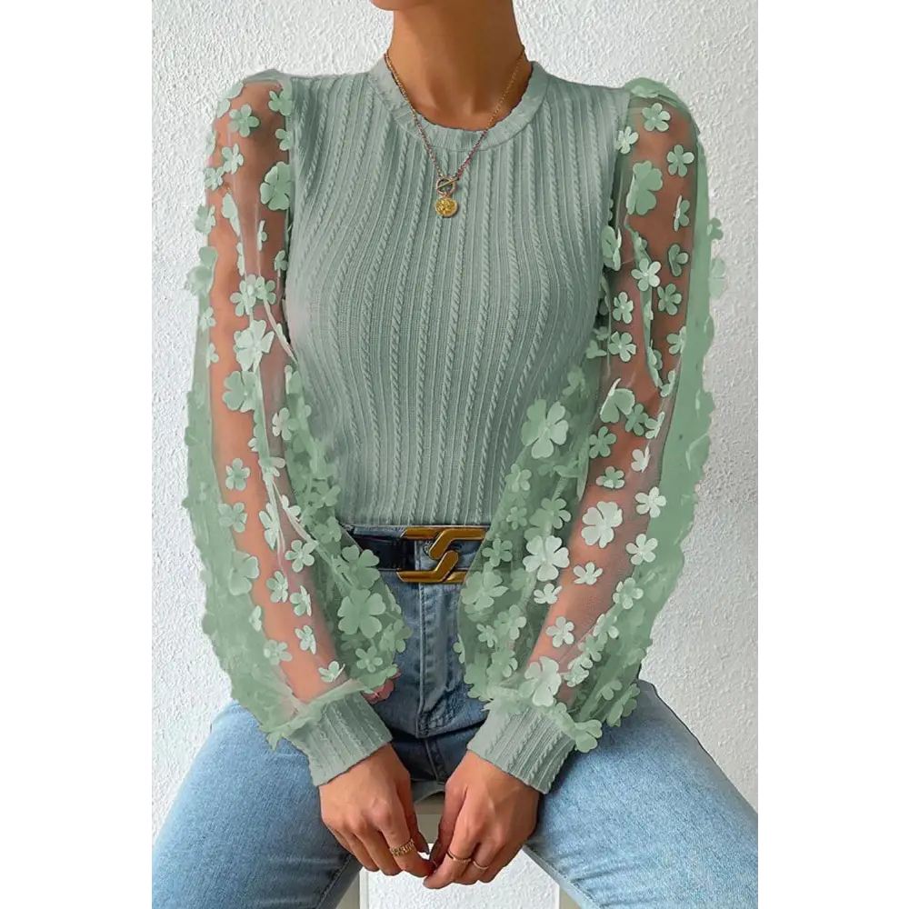 Double Take Textured Applique Long Sleeve Blouse - Sage / S