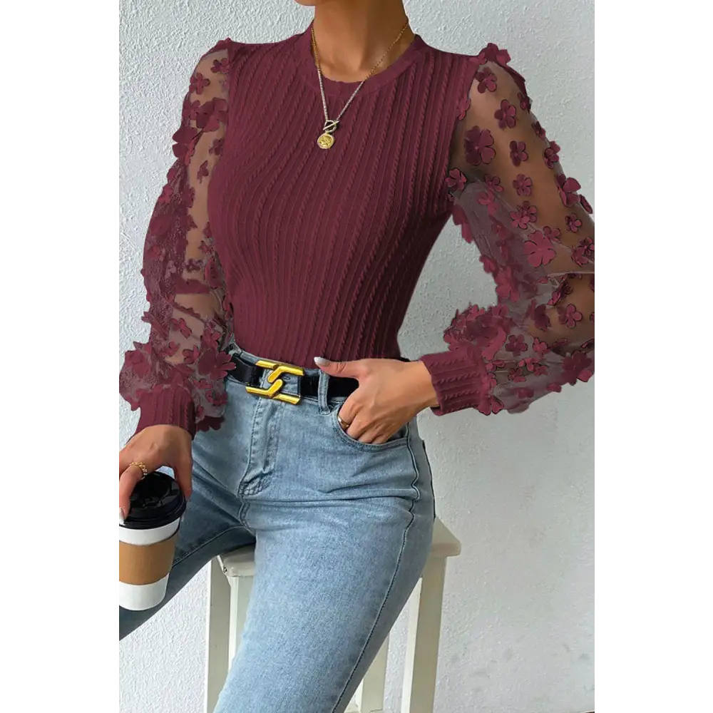 Double Take Textured Applique Long Sleeve Blouse - Wine / S