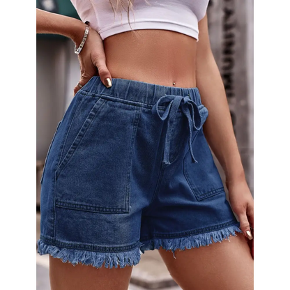 Drawstring Raw Hem Denim Shorts - Bottoms