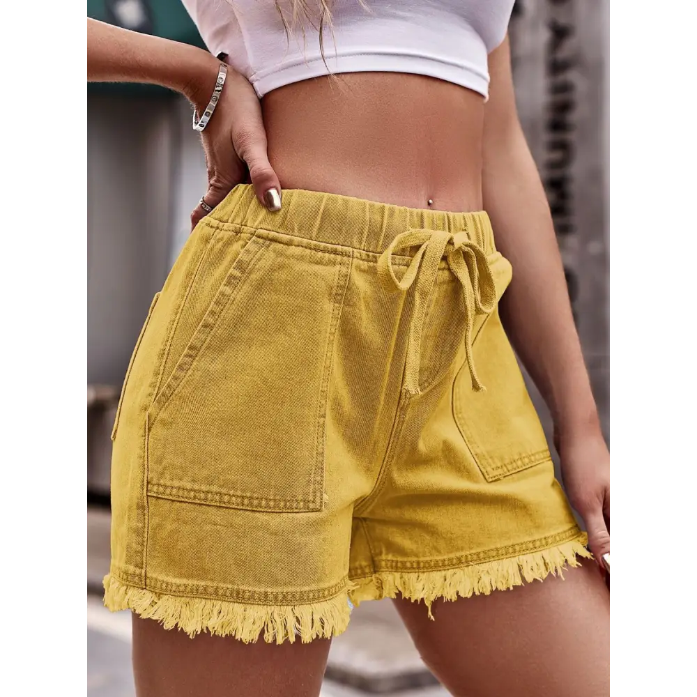 Drawstring Raw Hem Denim Shorts - Bottoms