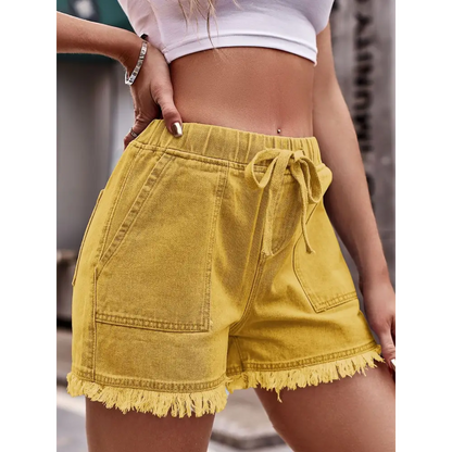 Drawstring Raw Hem Denim Shorts - Bottoms