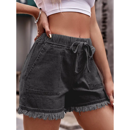 Drawstring Raw Hem Denim Shorts - Bottoms