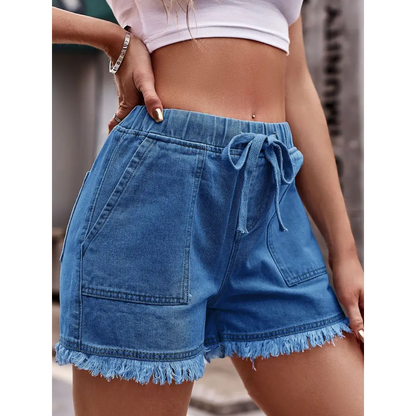 Drawstring Raw Hem Denim Shorts - Bottoms