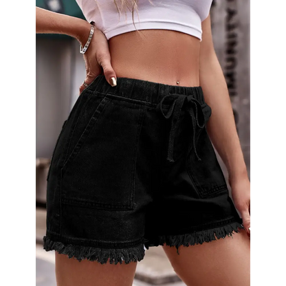 Drawstring Raw Hem Denim Shorts - Bottoms