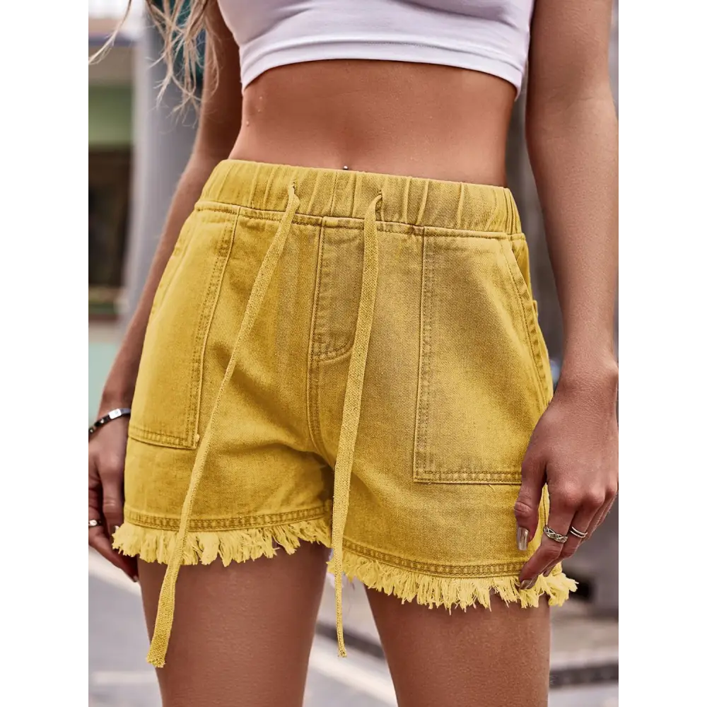 Drawstring Raw Hem Denim Shorts - Honey / S - Bottoms