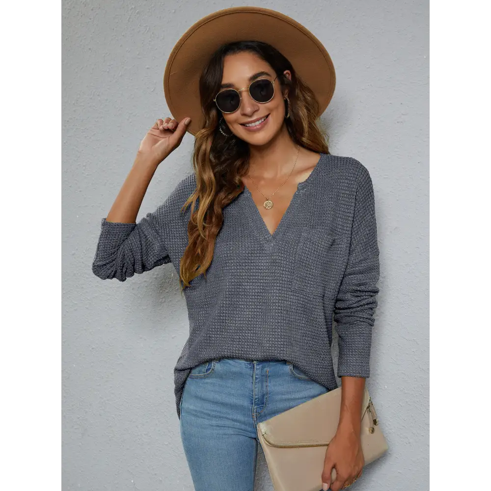 Dropped Shoulder High-Low Waffle-Knit Top - Madi Gray Boutique