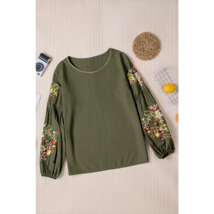 Embroidered Round Neck Balloon Sleeve T-Shirt - Tops