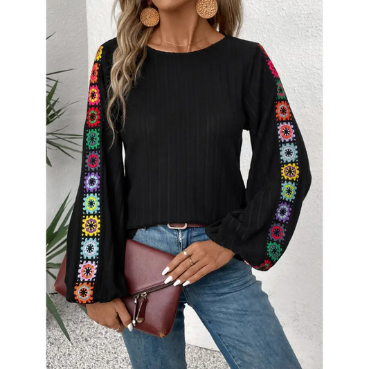 Embroidered Round Neck Long Sleeve Top - Black / S - Tops