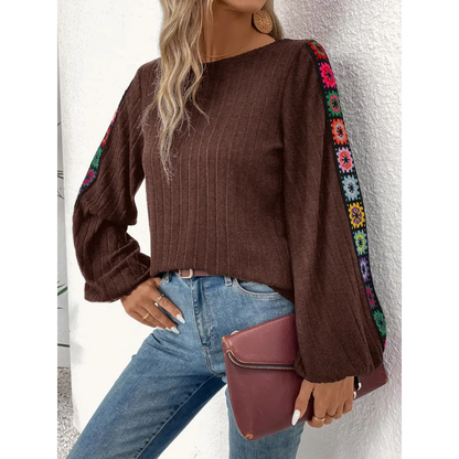 Embroidered Round Neck Long Sleeve Top - Brown / S - Tops