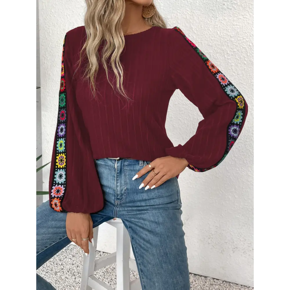 Embroidered Round Neck Long Sleeve Top - Burgundy / L - Tops