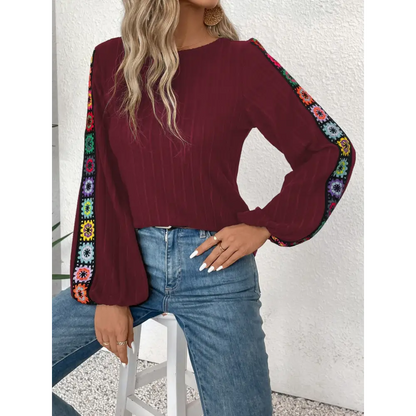 Embroidered Round Neck Long Sleeve Top - Burgundy / L - Tops