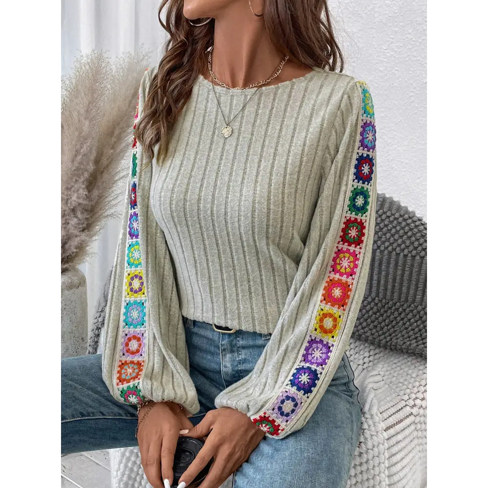 Embroidered Round Neck Long Sleeve Top - Khaki / S - Tops