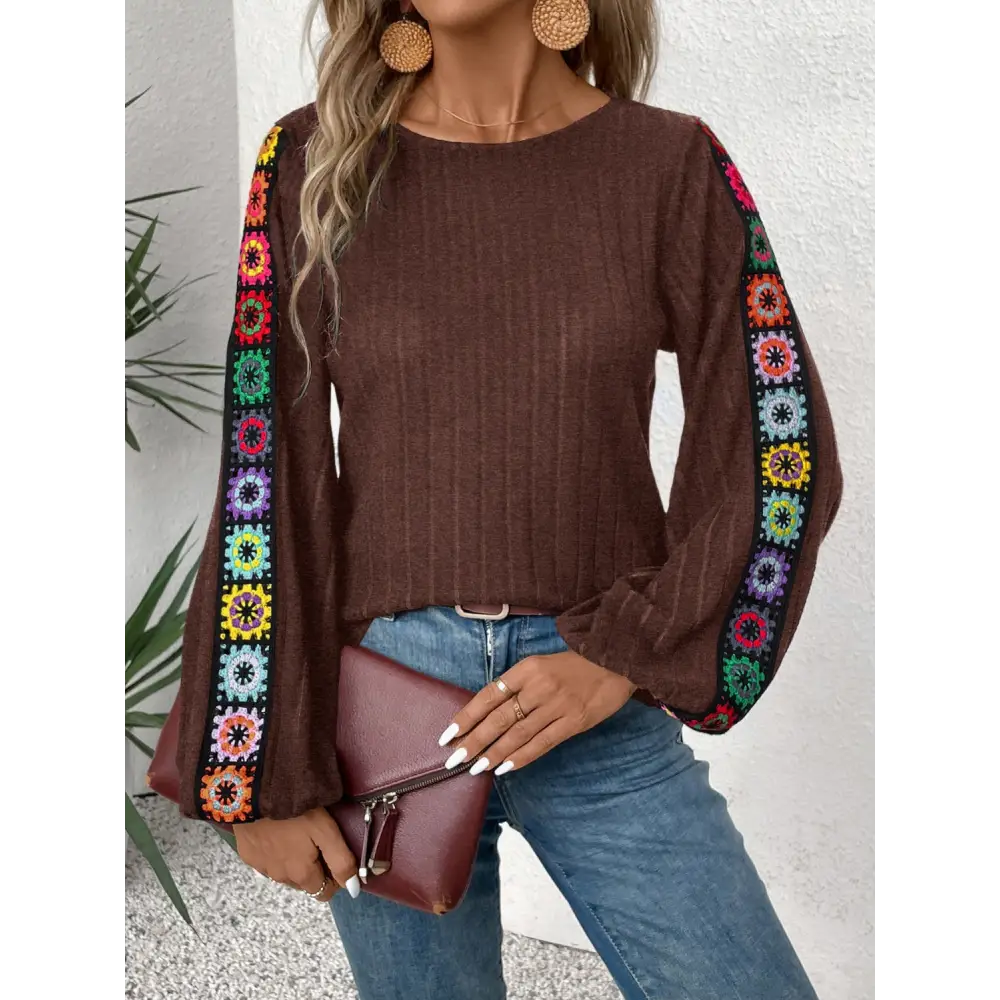 Embroidered Round Neck Long Sleeve Top - Tops