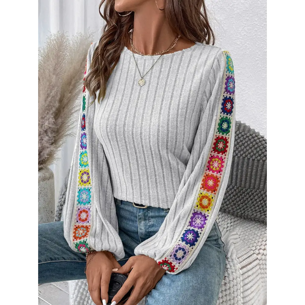 Embroidered Round Neck Long Sleeve Top - Tops