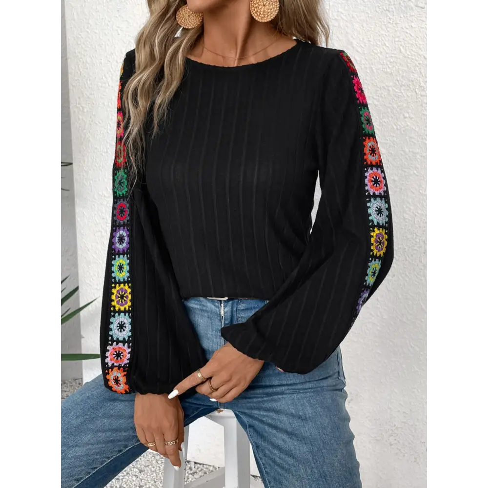 Embroidered Round Neck Long Sleeve Top - Tops