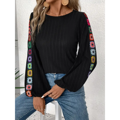 Embroidered Round Neck Long Sleeve Top - Tops