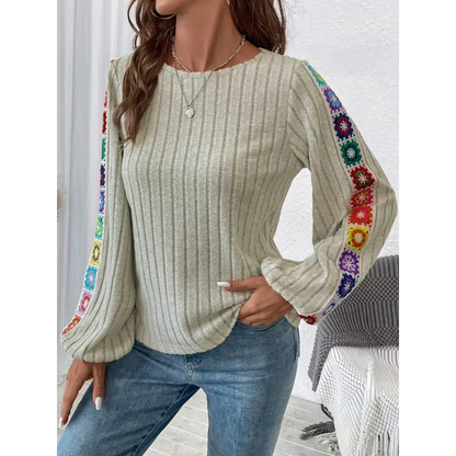 Embroidered Round Neck Long Sleeve Top - Tops