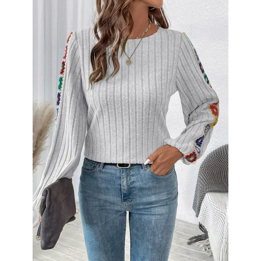 Embroidered Round Neck Long Sleeve Top - Tops