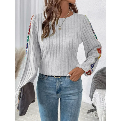 Embroidered Round Neck Long Sleeve Top - Tops