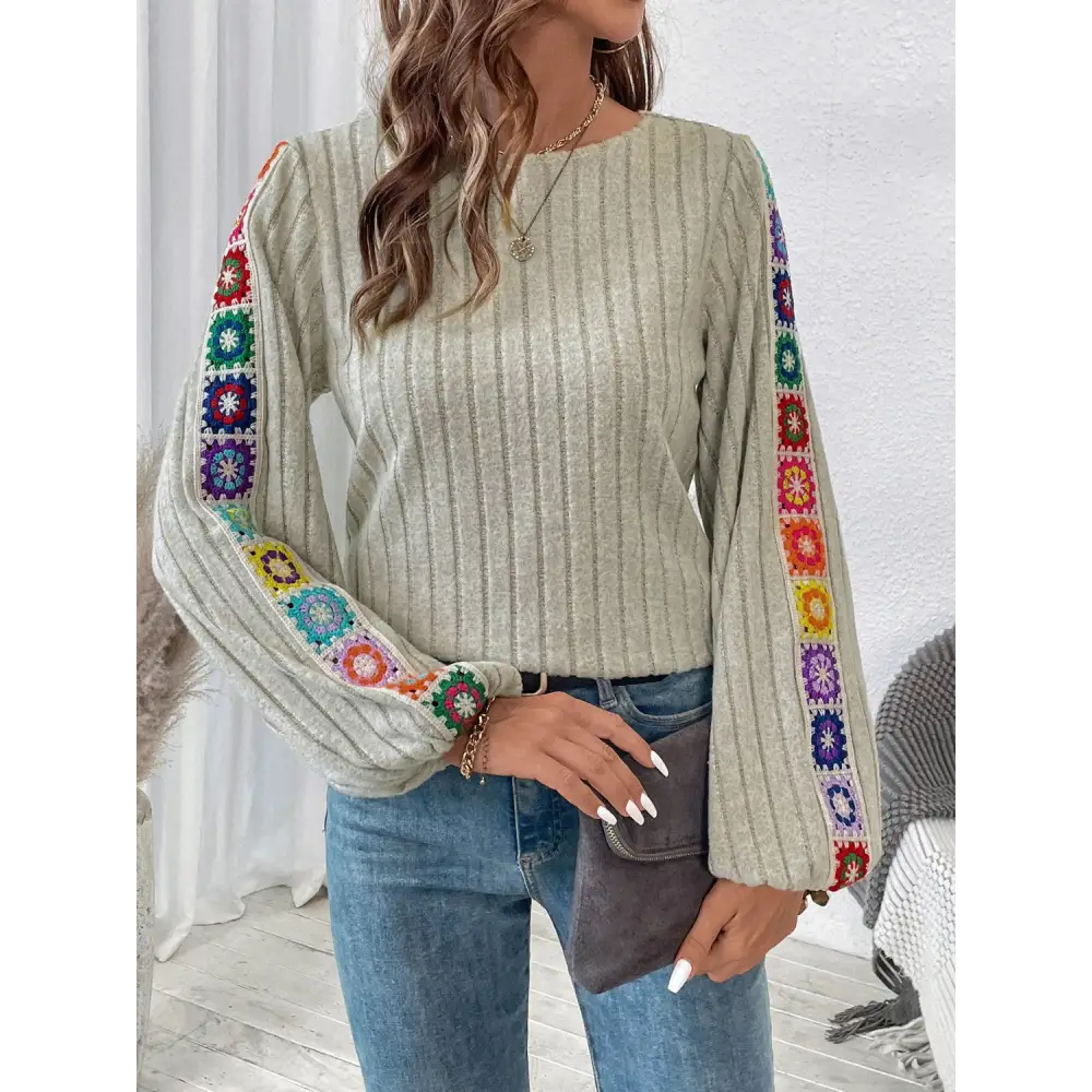 Embroidered Round Neck Long Sleeve Top - Tops