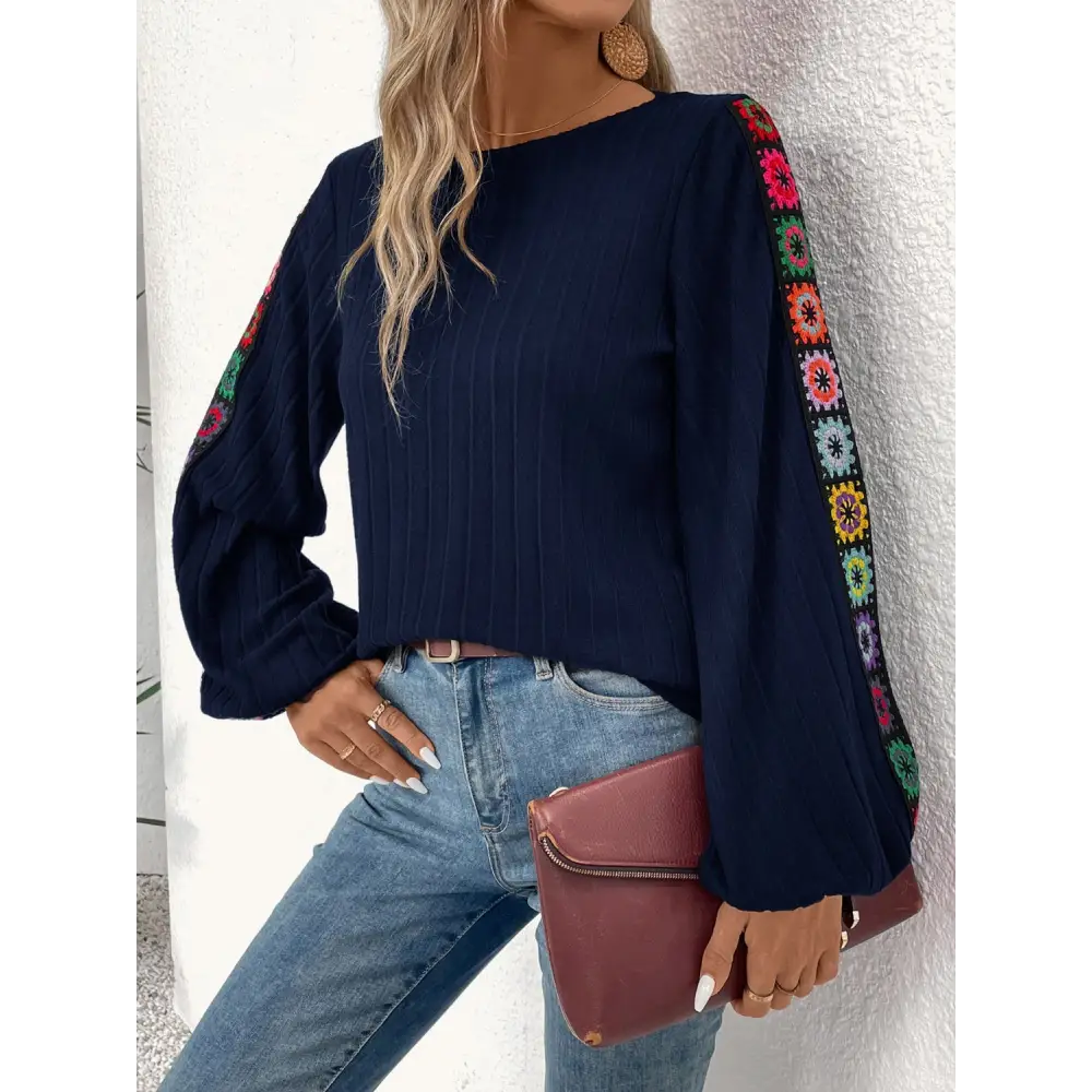 Embroidered Round Neck Long Sleeve Top - Tops