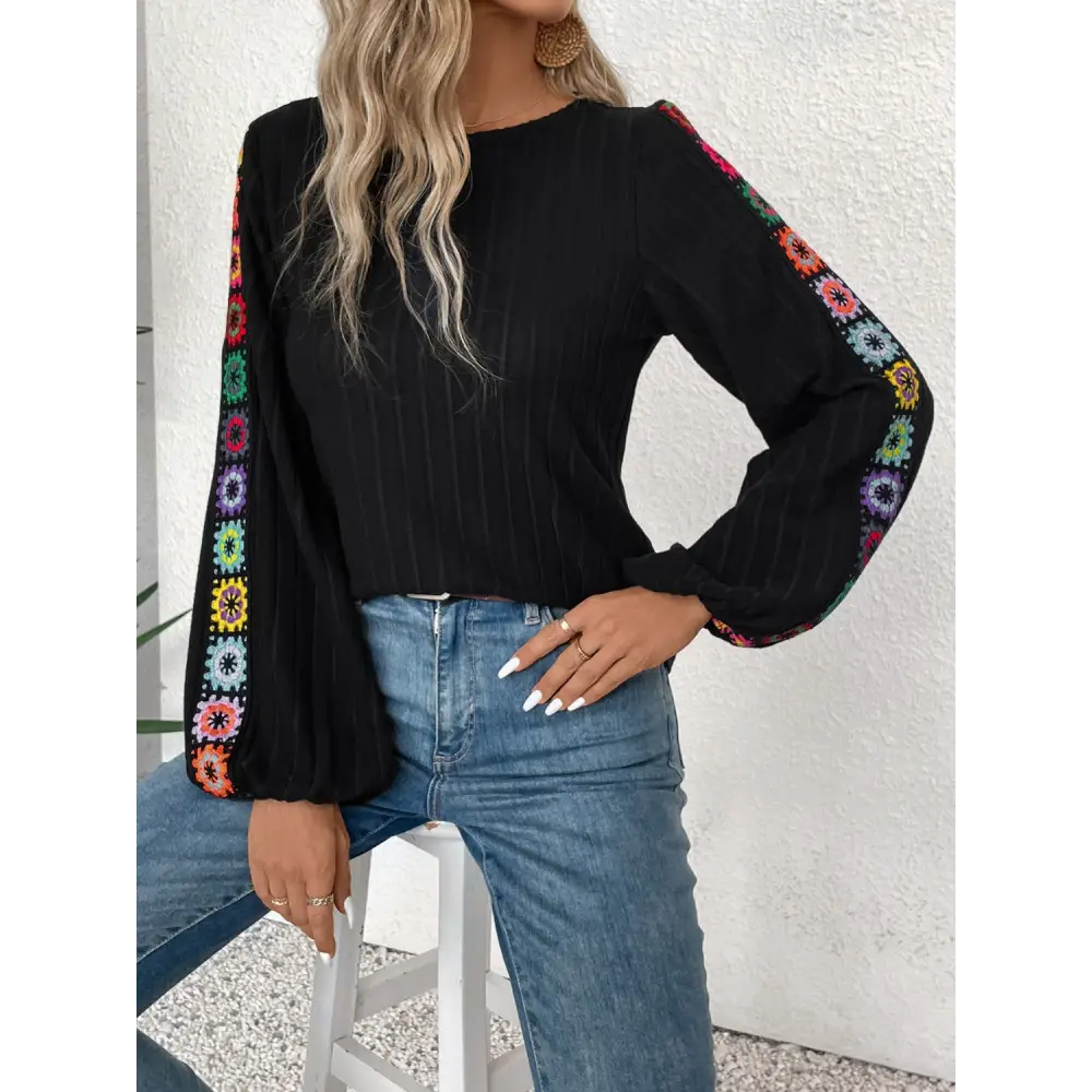 Embroidered Round Neck Long Sleeve Top - Tops