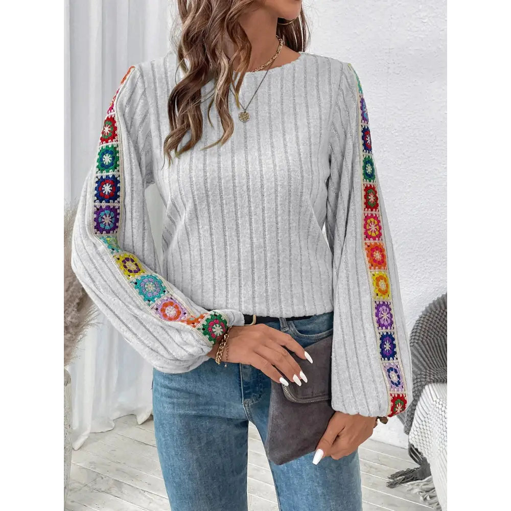 Embroidered Round Neck Long Sleeve Top - Tops