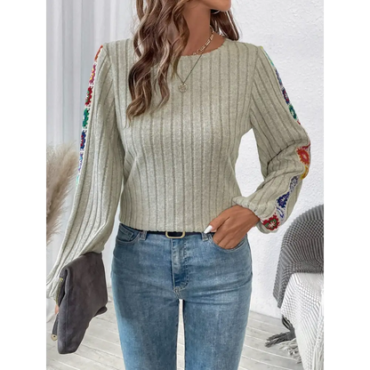 Embroidered Round Neck Long Sleeve Top - Tops