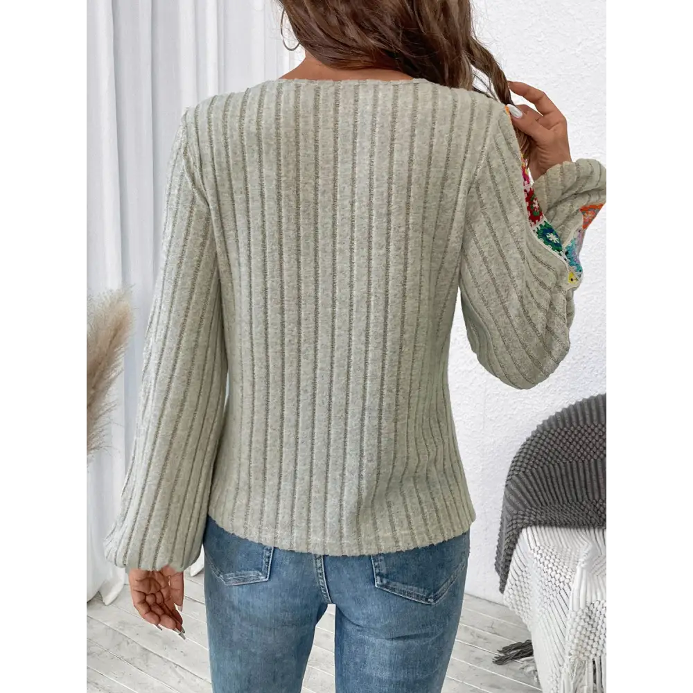 Embroidered Round Neck Long Sleeve Top - Tops