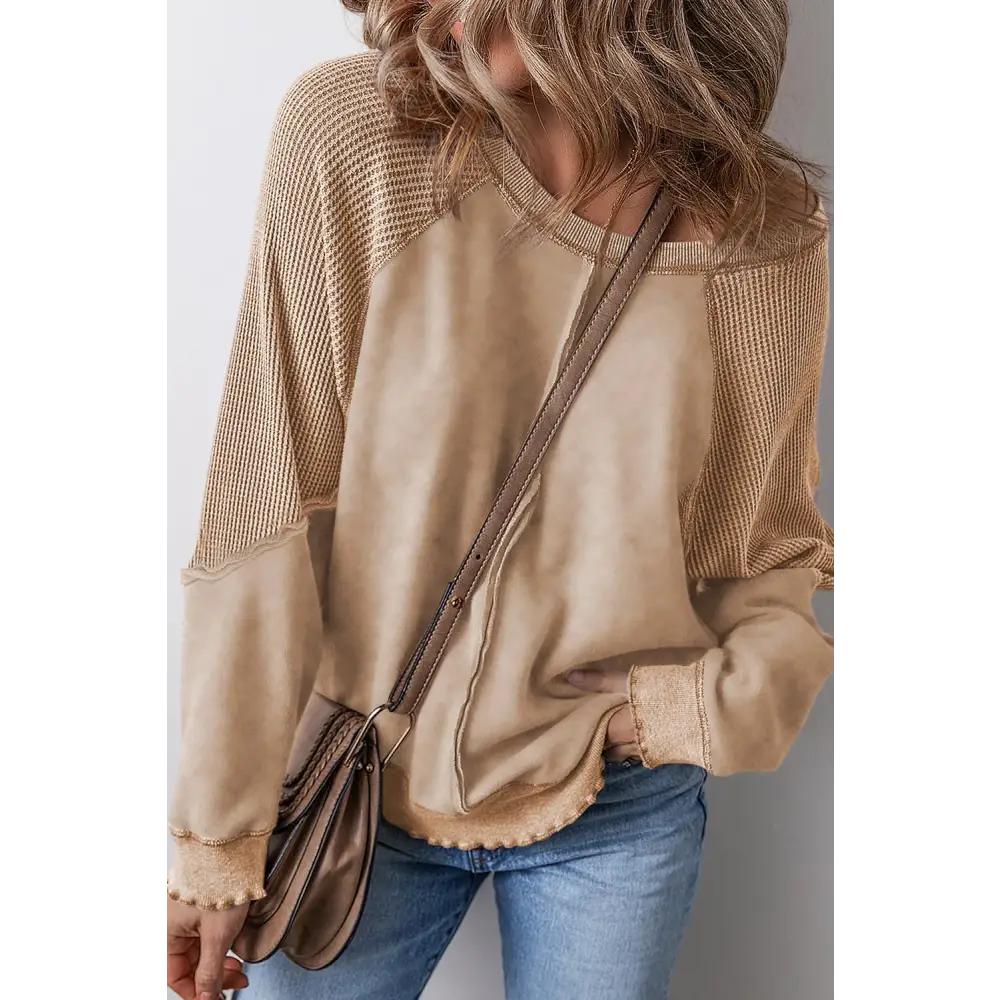 Exposed Seam Long Sleeve Sweatshirt - Tan / S - Tops