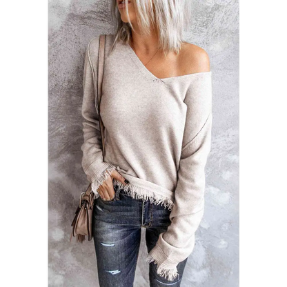 Exposed Seam V-Neck Fringe Hem Knit Top - Oatmeal / S - Tops