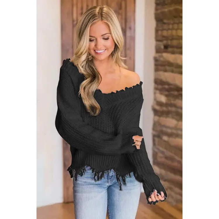 Frayed Hem Dropped Shoulder Sweater - Madi Gray Boutique