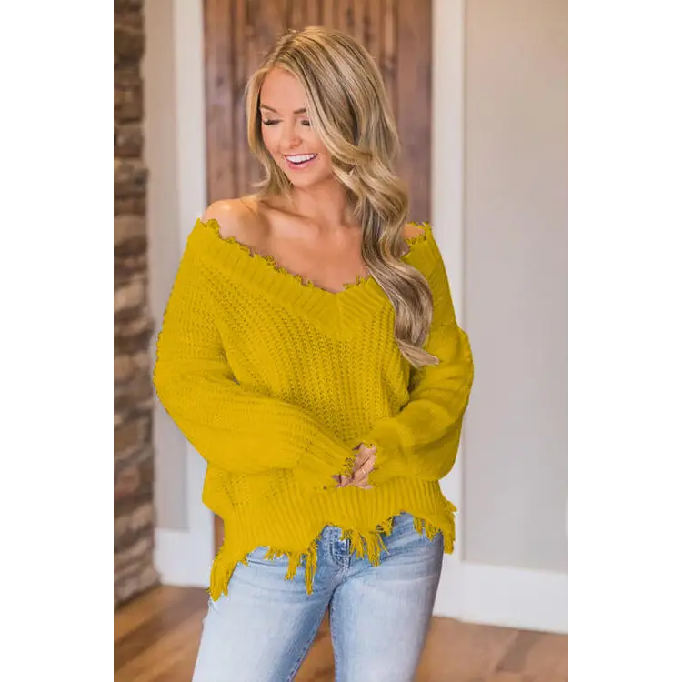 Frayed Hem Dropped Shoulder Sweater - Madi Gray Boutique