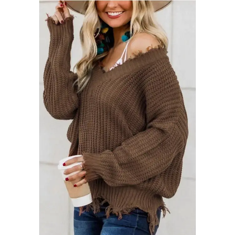 Frayed Hem Dropped Shoulder Sweater - Madi Gray Boutique