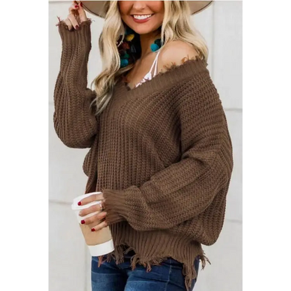 Frayed Hem Dropped Shoulder Sweater - Madi Gray Boutique