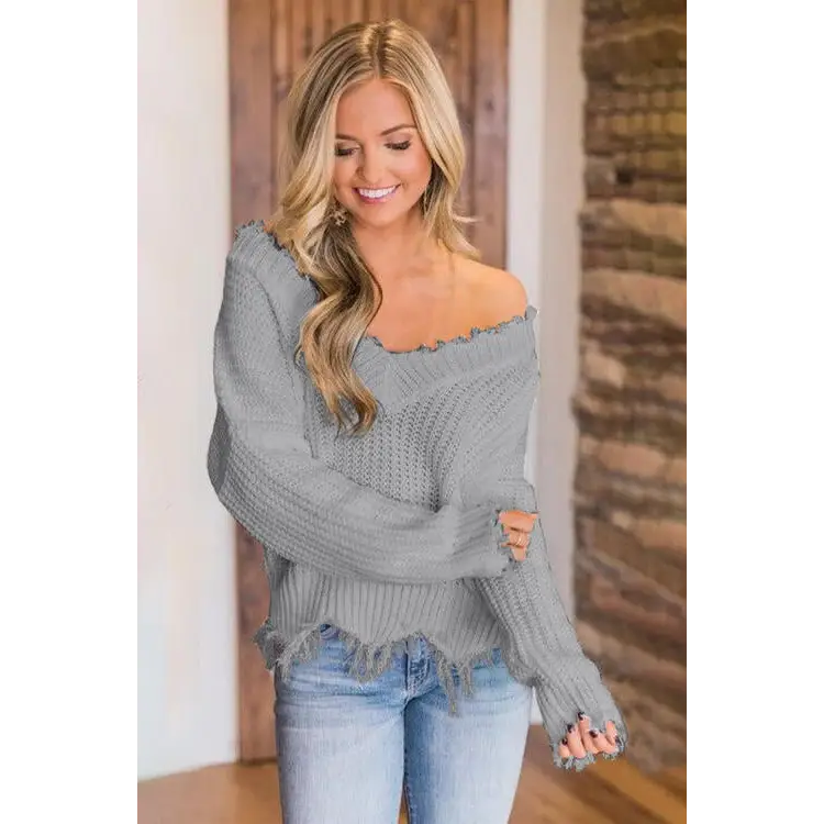 Frayed Hem Dropped Shoulder Sweater - Madi Gray Boutique