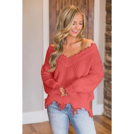 Frayed Hem Dropped Shoulder Sweater - Madi Gray Boutique