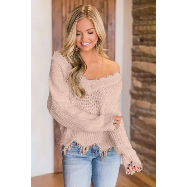 Frayed Hem Dropped Shoulder Sweater - Madi Gray Boutique