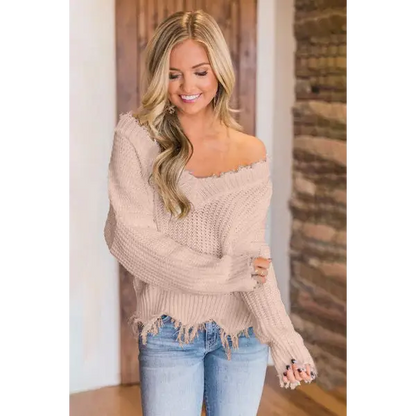 Frayed Hem Dropped Shoulder Sweater - Madi Gray Boutique