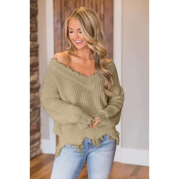 Frayed Hem Dropped Shoulder Sweater - Madi Gray Boutique